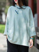 Women Retro Loose Color Matching Plate Button Shirt